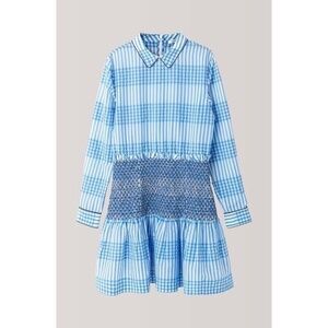 NWT!! GANNI Charron Smocked Gingham Dress Ruffle Peter Pan Mini Embroidered 36 4